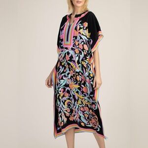 Trina Turk Theodora Midi Caftan Dress | Black Floral Rainbow | M/L
